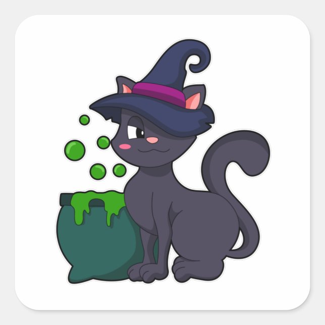 Pegatina Cuadrada Gato como bruja con Cauldron (Anverso)