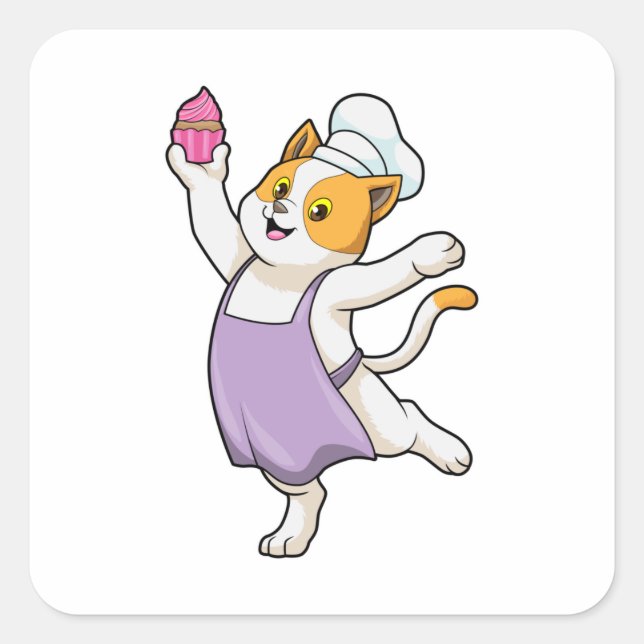 Pegatina Cuadrada Gato como cocinado con delantal y muffin de cocina (Anverso)