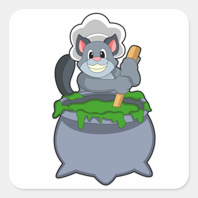 Pegatina Cuadrada Gato como cocinar con poción mágica (Anverso)