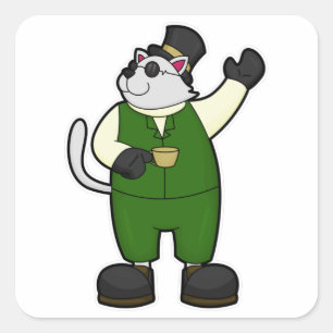 Pegatina Cuadrada Gato como Groom con café y Gorra