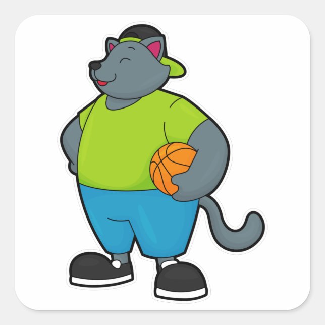 Pegatina Cuadrada Gato como jugador de baloncesto con baloncesto (Anverso)