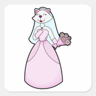 Pegatina Cuadrada Gato como novia con manto de flores