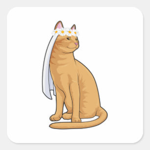 Pegatina Cuadrada Gato como novia con velo