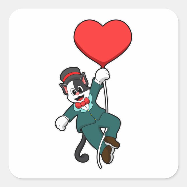 Pegatina Cuadrada Gato como novio con globo de corazón (Anverso)