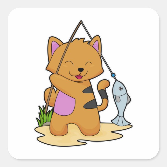 Pegatina Cuadrada Gato como pescador con barra de pesca y pescado (Anverso)