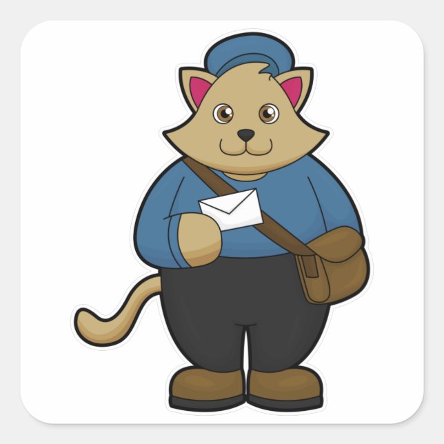 Pegatina Cuadrada Gato como Postman con sobre y bolsa (Anverso)