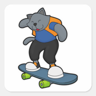 Pegatina Cuadrada Gato como Skateboarder con Skateboard