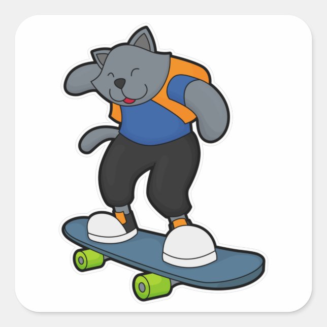 Pegatina Cuadrada Gato como Skateboarder con Skateboard (Anverso)