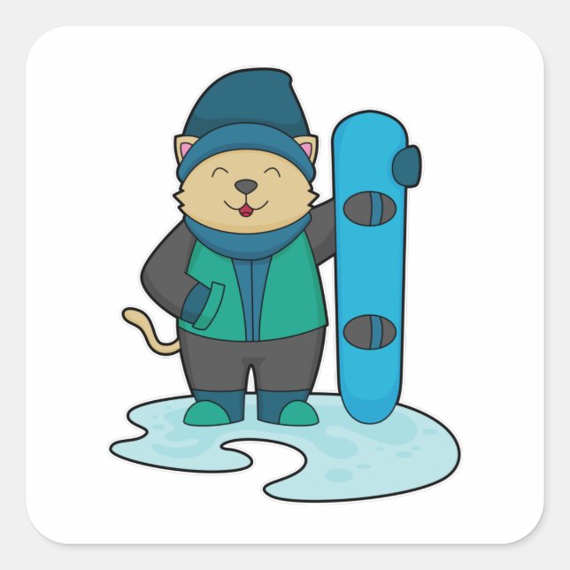 Pegatina Cuadrada Gato como snowboarder con Snowboard (Anverso)