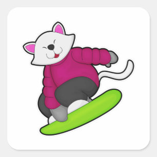 Pegatina Cuadrada Gato como snowboarder con Snowboard