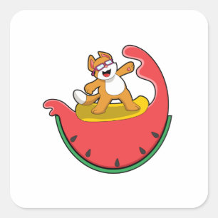 Pegatina Cuadrada Gato como surfista con sandía