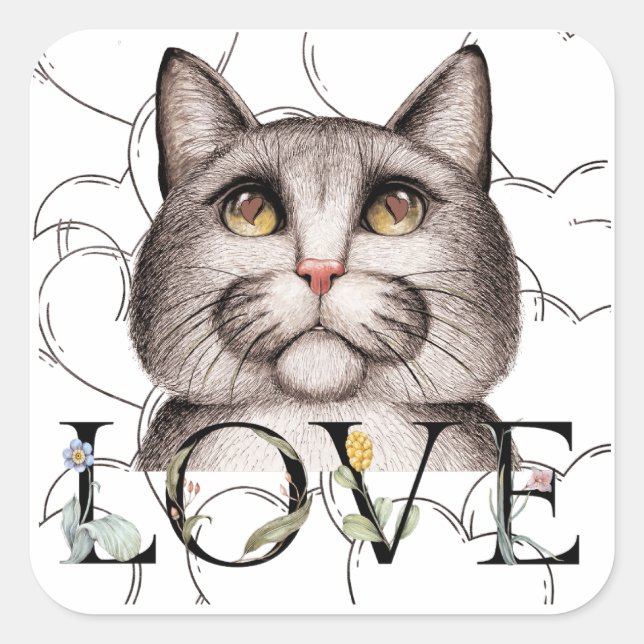 Pegatina Cuadrada Gato con amor en los ojos (Anverso)