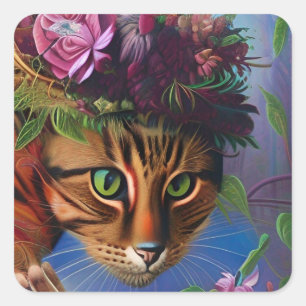 Pegatina Cuadrada gato con arte gorra de flores