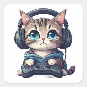 Pegatina Cuadrada Gato con auriculares y controlador