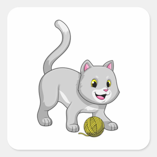 Pegatina Cuadrada Gato con bola de hilo de lana (Anverso)