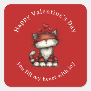 Pegatina Cuadrada Gato con Corazones de Amor Rojo Día de San Valentí
