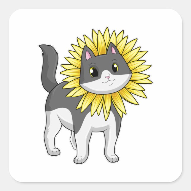 Pegatina Cuadrada Gato con girasol (Anverso)
