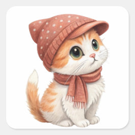 Pegatina Cuadrada Gato Con Gorra Y Scarf, Color Pastel