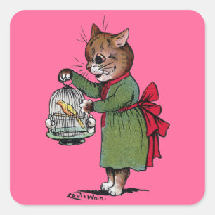 Pegatina Cuadrada Gato con jaula de pájaro, Louis Wain
