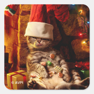 Pegatina Cuadrada Gato con la cabeza parada