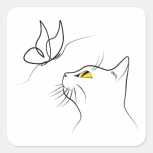 Pegatina Cuadrada Gato Con Mariposa Resumen Lineal Mínimo