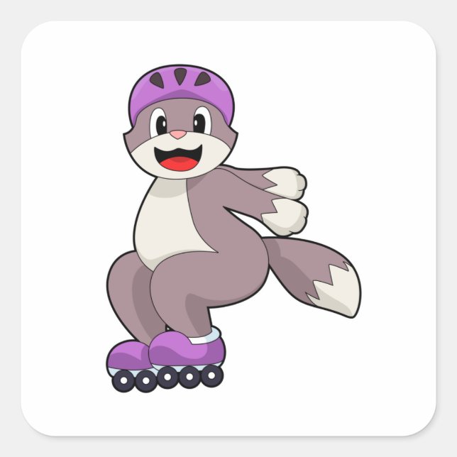 Pegatina Cuadrada Gato con patines de rodillos (Anverso)