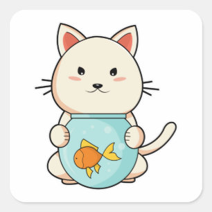 Pegatina Cuadrada Gato con pez en vidrio