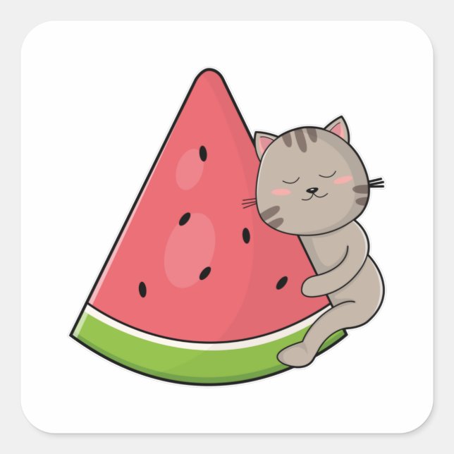 Pegatina Cuadrada Gato con sandía (Anverso)