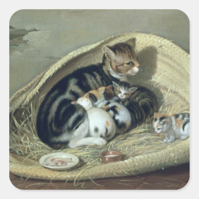Pegatina Cuadrada Gato con sus gatitos en una cesta, 1797 (Anverso)