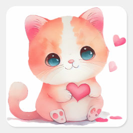 Pegatina Cuadrada Gato Corazón Dulce San Valentín
