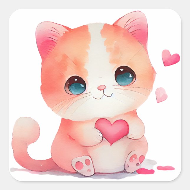 Pegatina Cuadrada Gato Corazón Dulce San Valentín (Anverso)