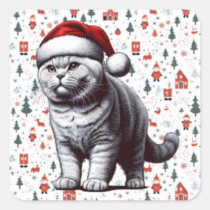 Pegatina Cuadrada Gato cortoso navidad británico, Navidad Santa Kitt