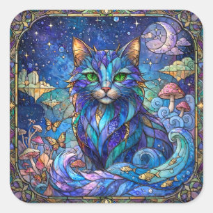 Pegatina Cuadrada Gato Cósmico Vidrio Emplomado Surrealista Ojos Ver