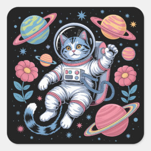 Pegatina Cuadrada Gato Cosmonauta Cósmico en Vaporwave Espacial de N