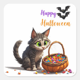 Pegatina Cuadrada Gato Curioso Con Calabaza Llena De Dulces 🎃