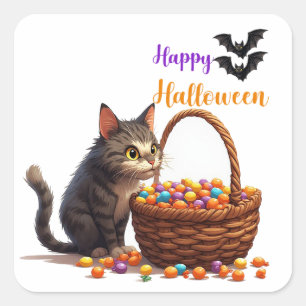 Pegatina Cuadrada Gato curioso de Halloween con cubo de dulces de ca