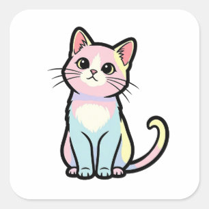 Pegatina Cuadrada Gato Curioso – Ilustración de Animal Kawaii Adorab