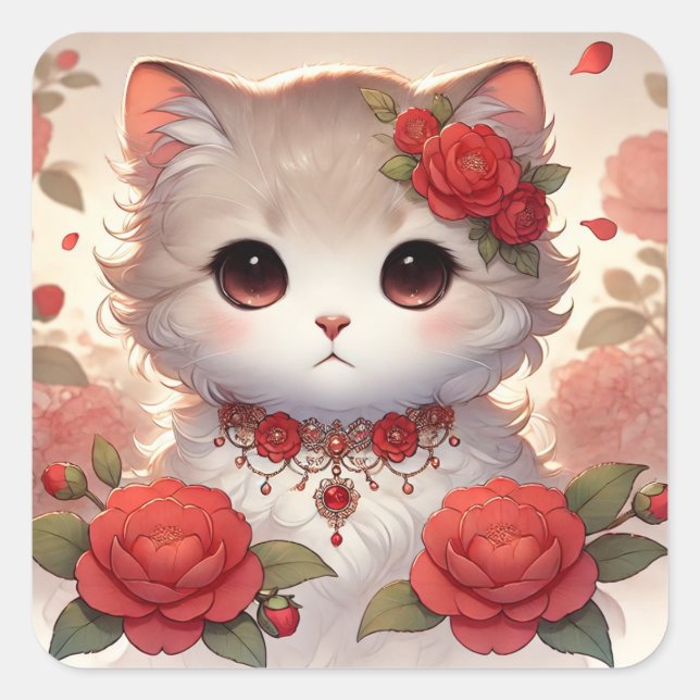 Pegatina Cuadrada Gato Cute Camelia Princess (Anverso)