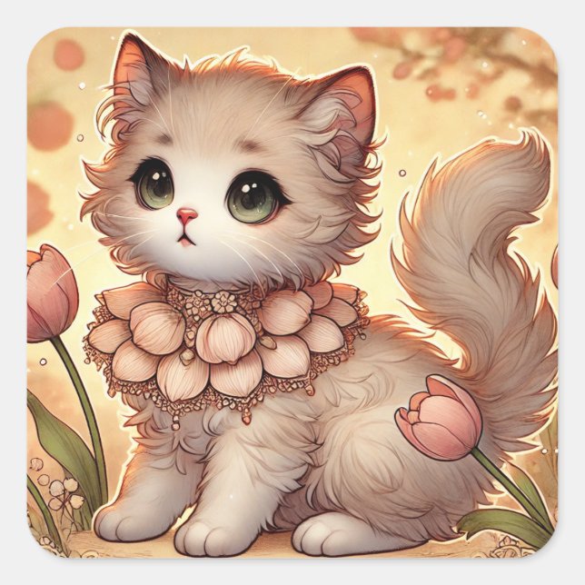Pegatina Cuadrada Gato Cute Tulip Princess (Anverso)