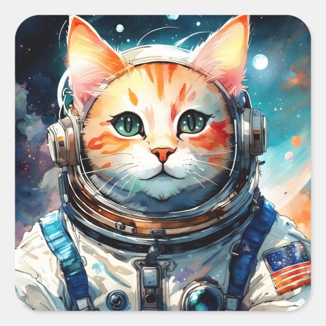 Pegatina Cuadrada Gato de Astronauta Adorable en Estados Unidos (Anverso)