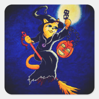 Pegatina Cuadrada Gato de bruja de la noche de Halloween
