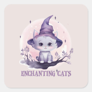 Pegatina Cuadrada Gato de bruja encantador
