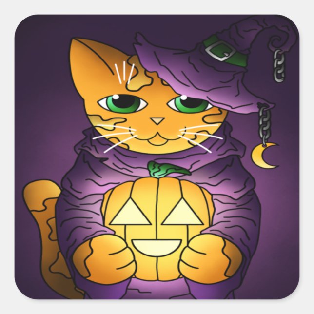 Pegatina Cuadrada Gato de bruja morado de Halloween (Anverso)