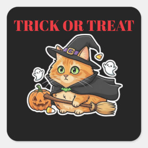 Pegatina Cuadrada Gato de bruja naranja de Halloween lindo 