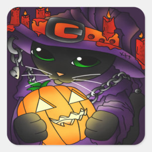 Pegatina Cuadrada Gato de bruja negra de la calabaza de Halloween