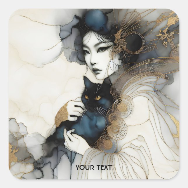 Pegatina Cuadrada Gato de Chica japonés con fantasía (Anverso)