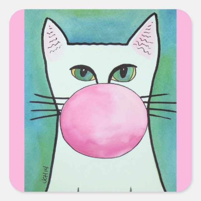 Pegatina Cuadrada Gato de chicle en arte azul (Anverso)