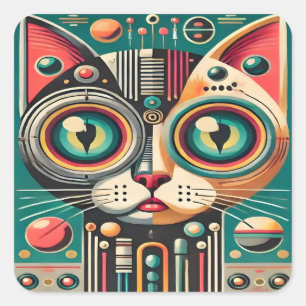 Pegatina Cuadrada Gato de circuito futurista retro de mediados de si