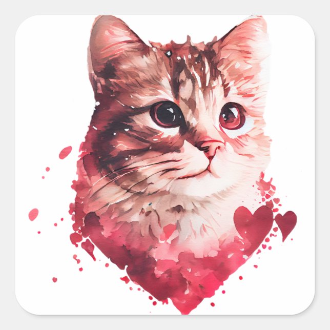 Pegatina Cuadrada Gato de corazón lindo Valentine (Anverso)