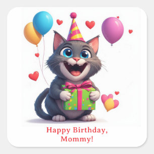 Pegatina Cuadrada Gato de cumpleaños con regalo y ojos grandes 🎁